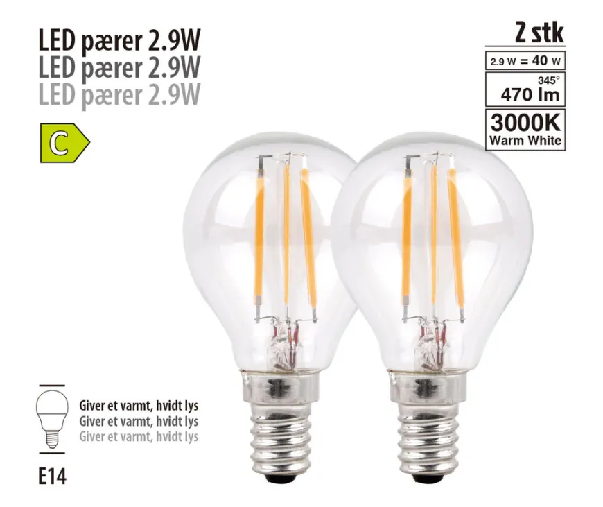 LED-dråpepære 2,9 W E14 - 2 pk.