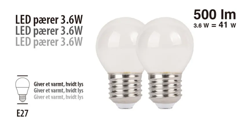 LED-kronepærer 3,6 W E27 - 2-pk.