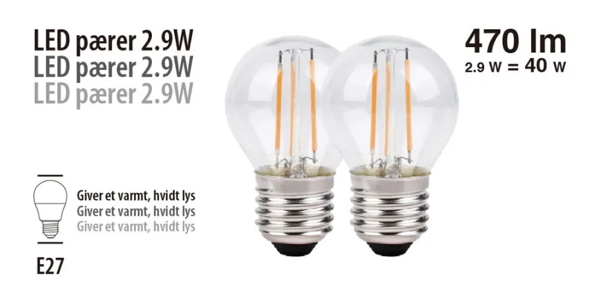 LED-kronepærer 2,9 W E27 - 2-pk.