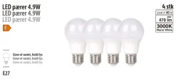 LED-pære E27 standard 4,9 W E27 4-pk.