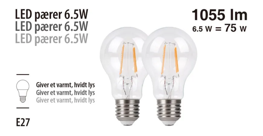 LED-pærer standard formet 6,5 W E27 - 2-pk.