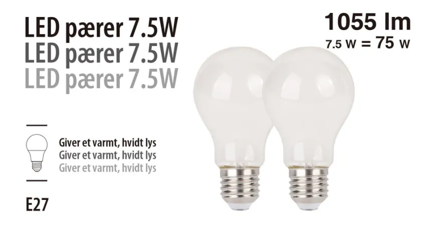 LED-pærer standard 7,5 W E27 - 2-pk.