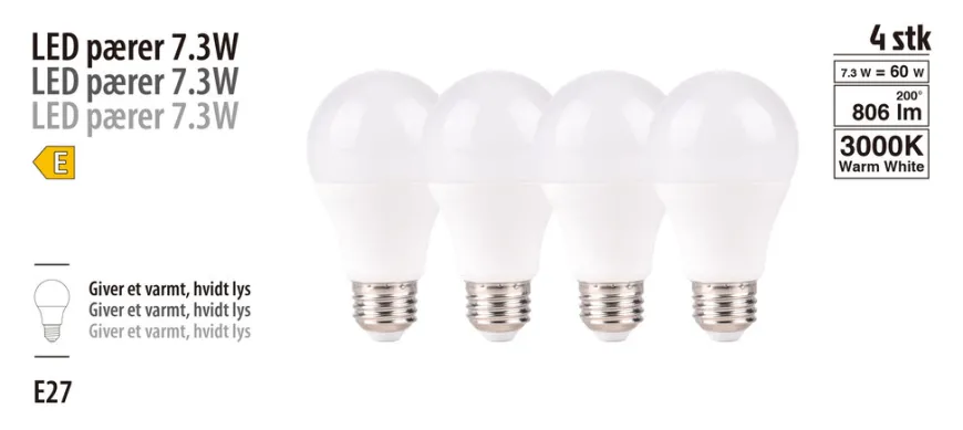 LED-pære standard 7,3 W E27 4-pk.