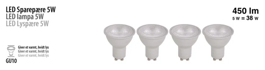 LED spotpære GU10 5W SMD 4-pk