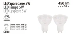 LED-spotpære 5 W GU10 dimbare - 2-pk.