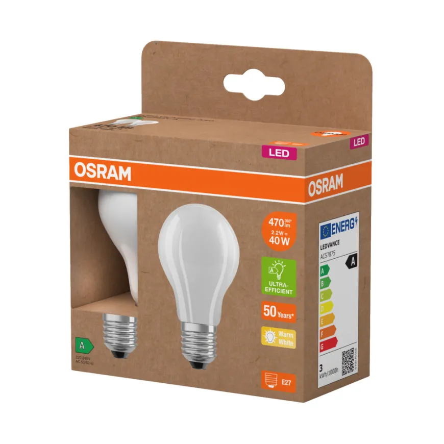 Osram LED matt standardpære E27 2,2 W 2-pk.
