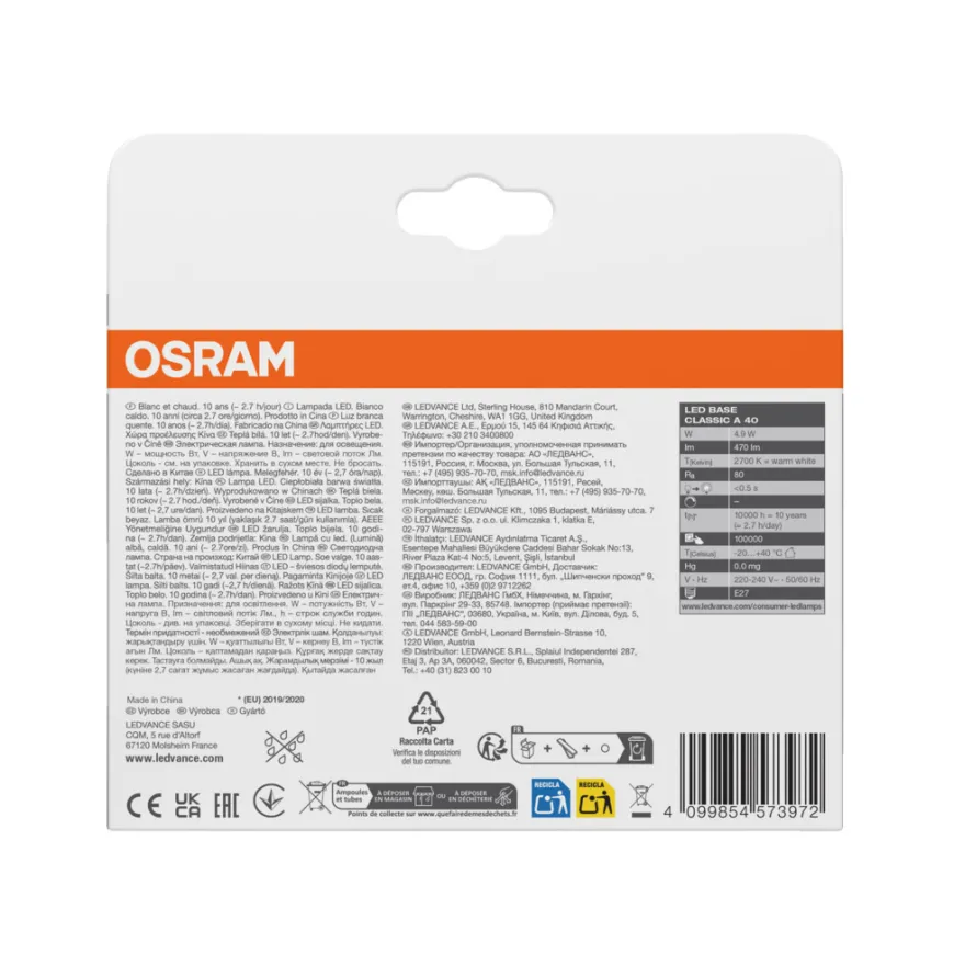Osram LED-pære STD matt E27 4,9 W 3-pk.