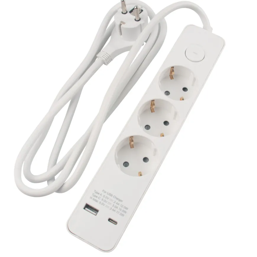 Skjøteledning 3-veis med USB-A/USB-C