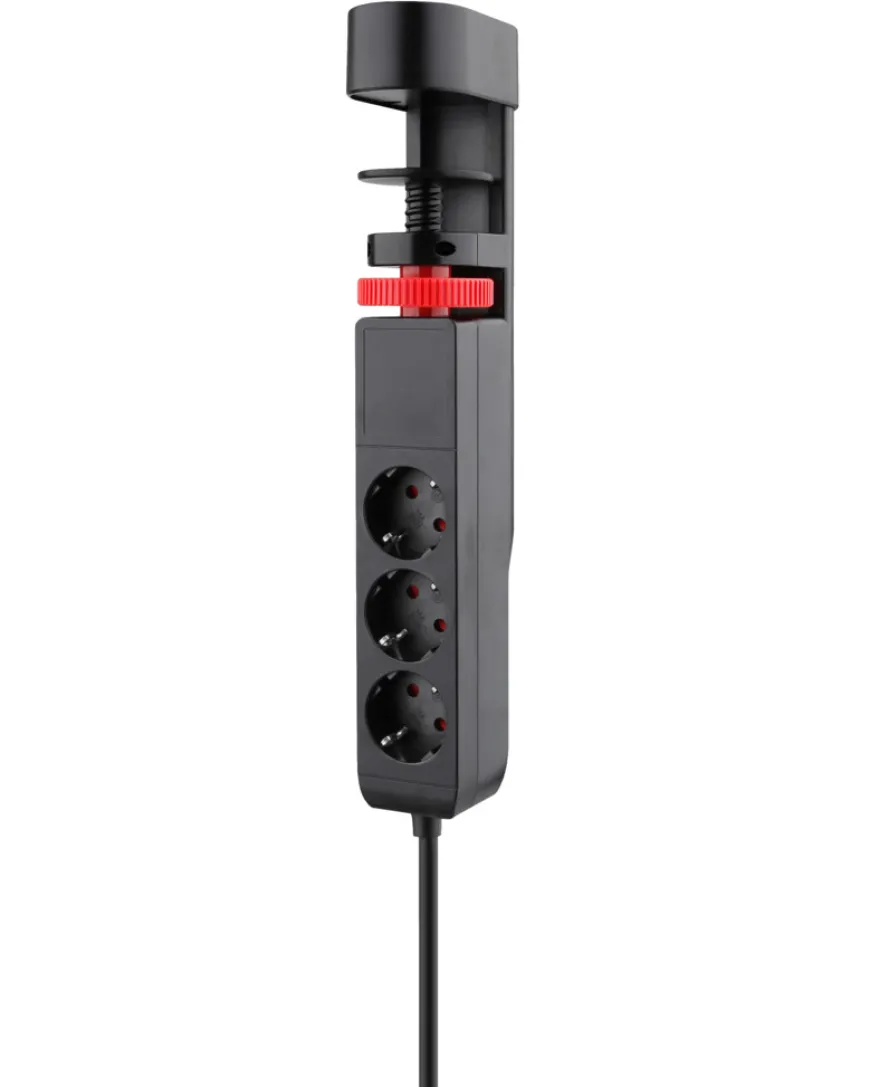 Skjøteledning 3-veis m/klemme, schuko, USB og bryter svart 1,4 m