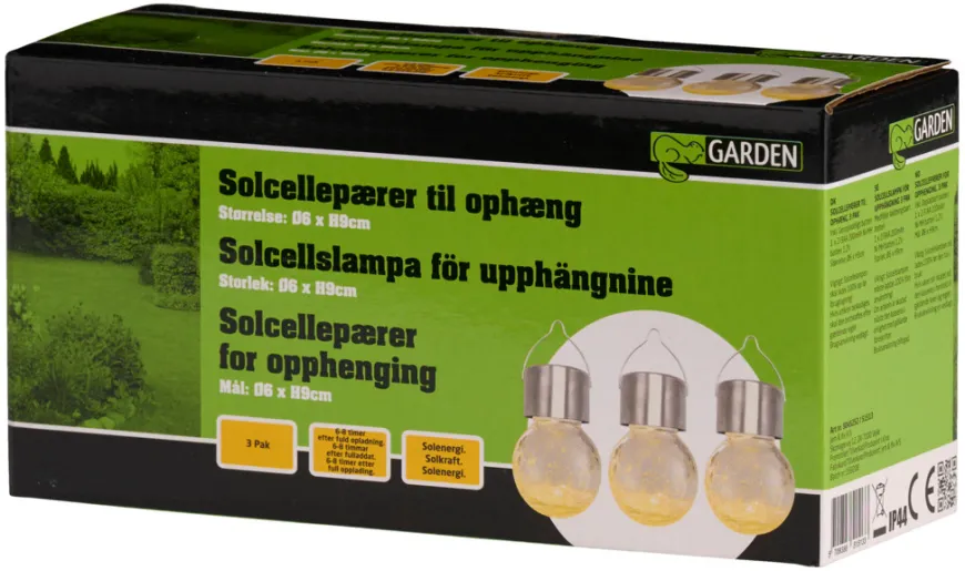 Solcellepære glass/metall Ø6 cm 3-pk. - Garden®